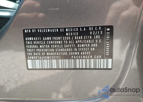 2013 Volkswagen Jetta 2.5L Se from USA, damaged, VIN 3VWDP7AJ4DM270751